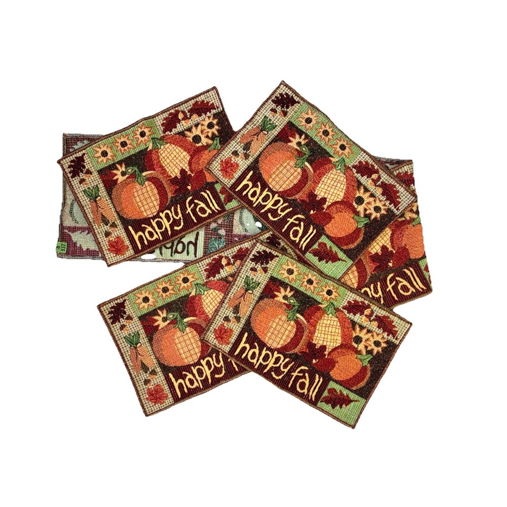 Tapestry Placemats & Table Runner Set (4) Fall Pumpkin Thanksgiving Autumn Retro